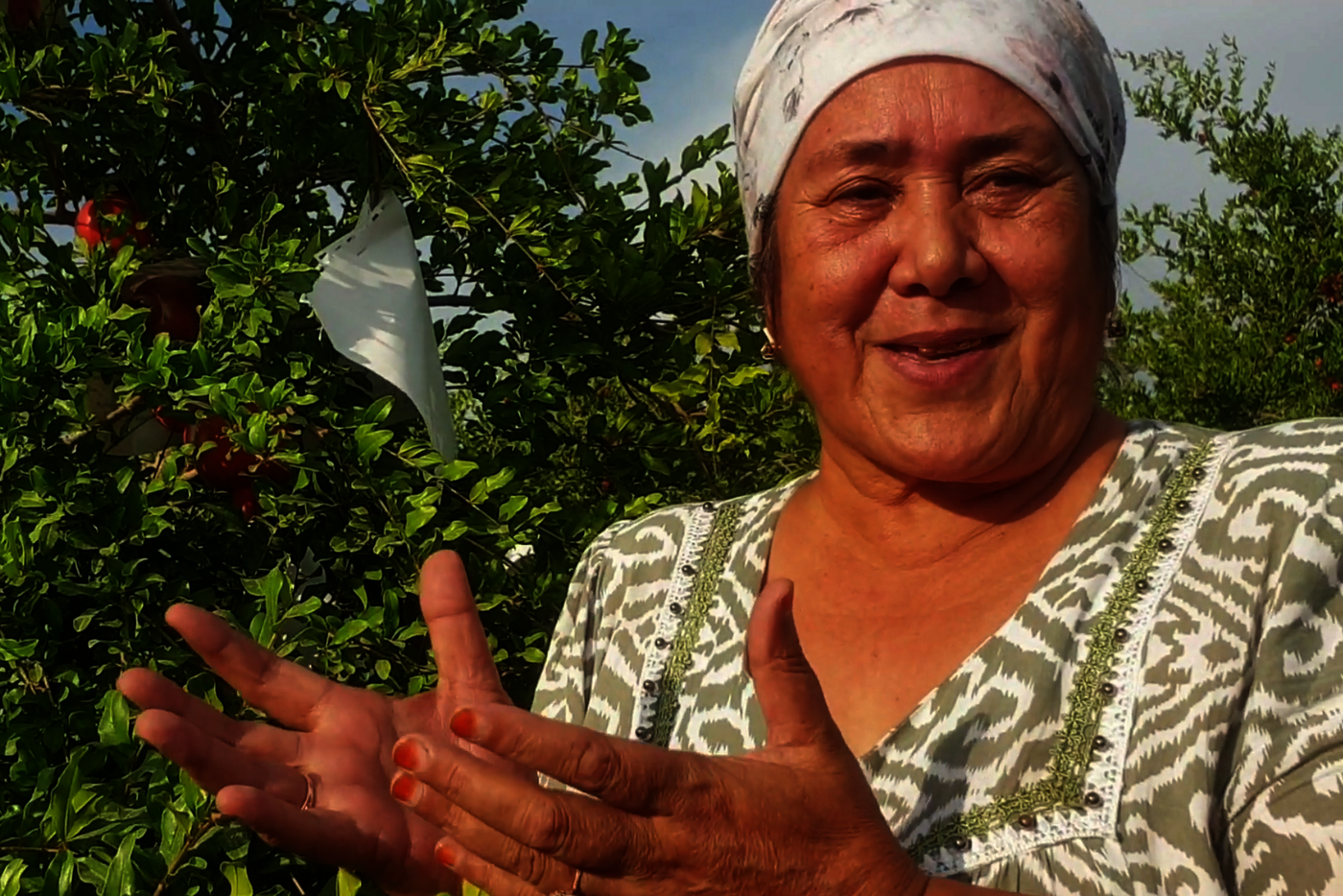 Foto: Eine Frau steht vor einem Granatapfelbaum und hat die Hände geöffnet.