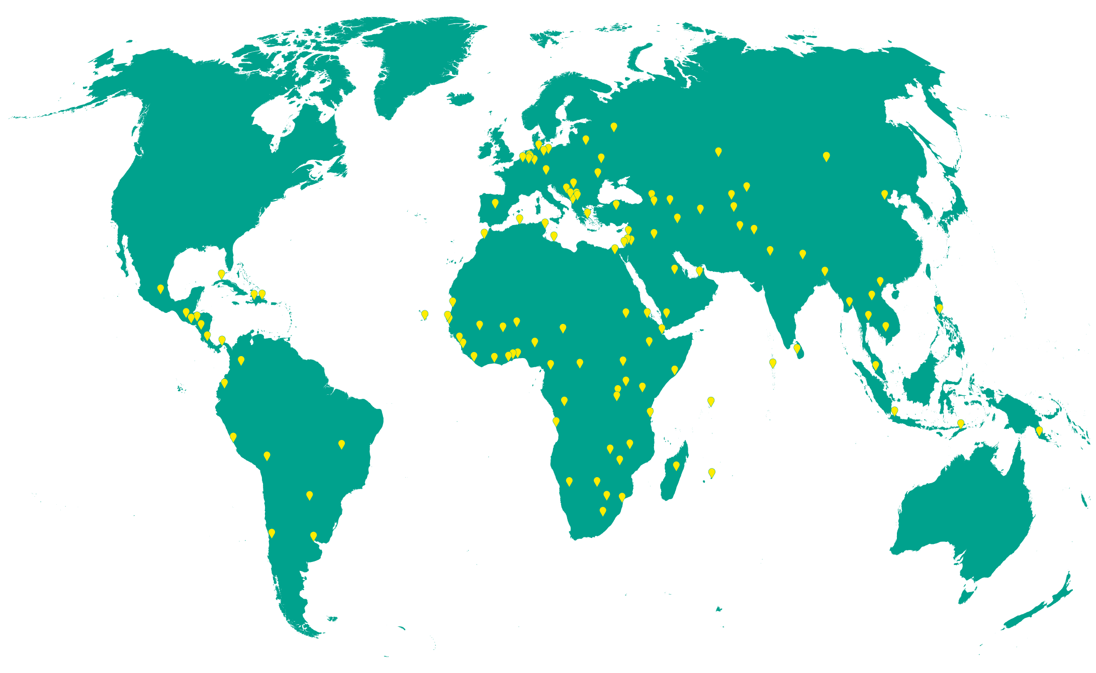 Eine grüne Weltkarte auf weißem Hintergrund. Gelbe Pins markieren die Standorte der GIZ weltweit.
