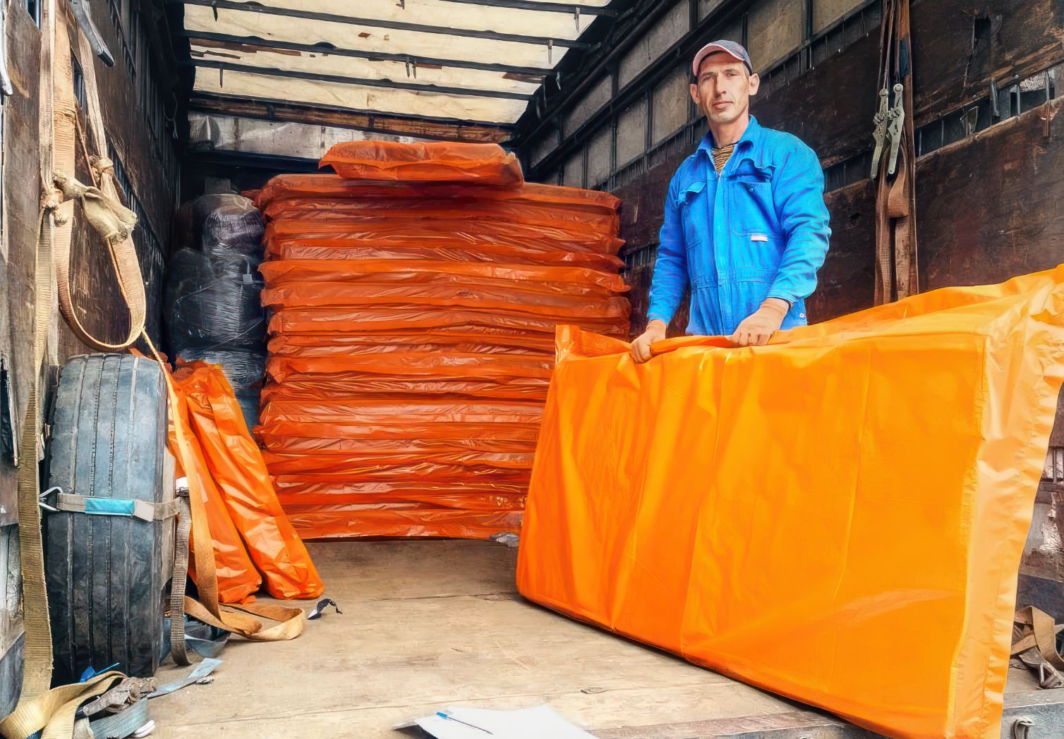 Foto: Ein Mann steht im Laderaum eines Lkws und hält eine orangefarbene Matratze in der Hand. Hinter ihm sind weitere Matratzen gestapelt.