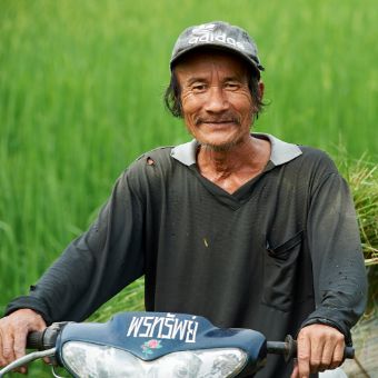 Foto: Ein Bauer auf einem Moped transportiert Säcke mit frisch geernteten Reispflanzen auf einem Anhänger.