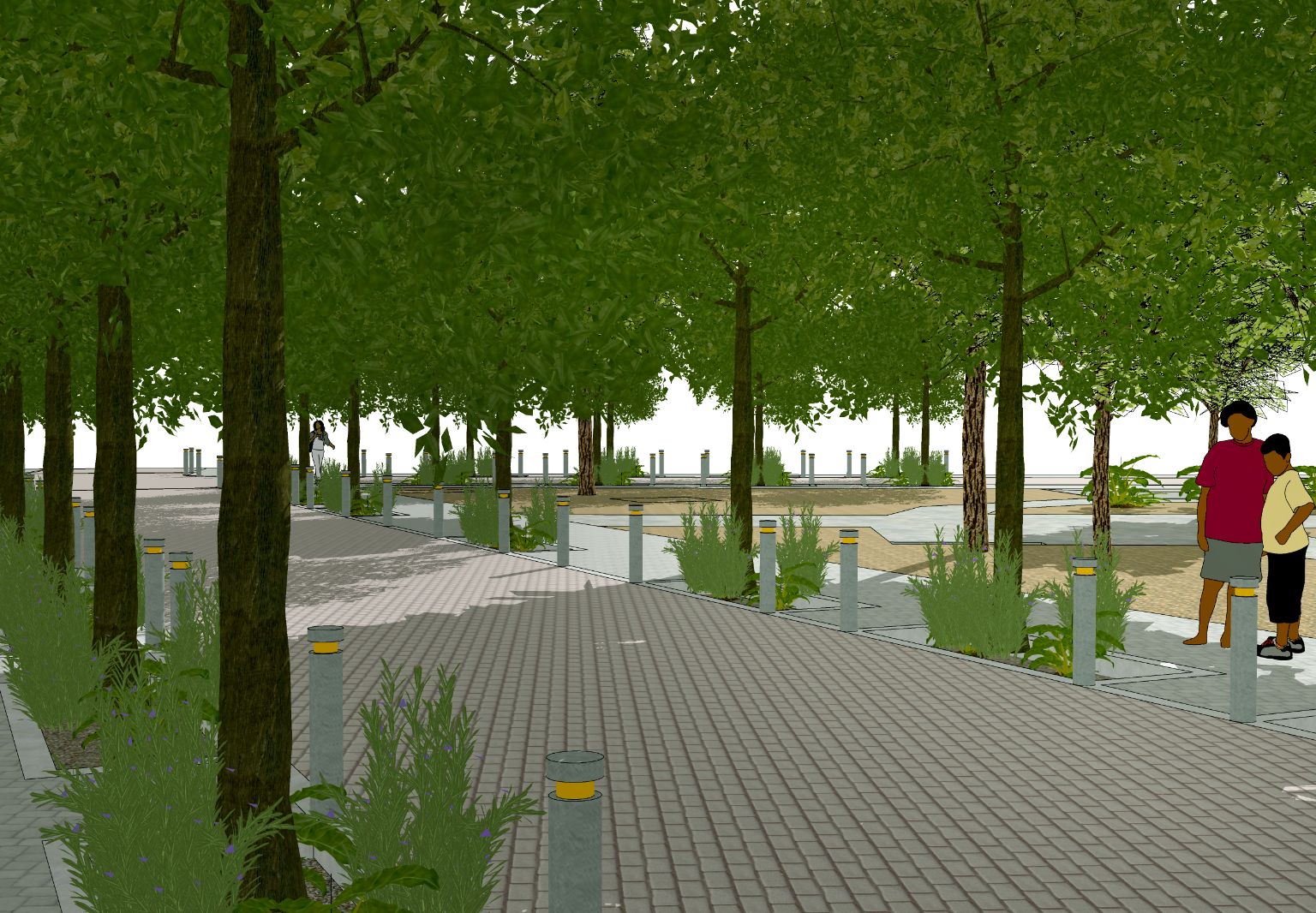 Grafik: Vision eines offenen Platzes mit vielen Bäumen. Zwei Menschen stehen im Schatten.