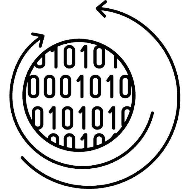 Grafik: Ein Kreis, der mit vielen Nullen und Einsen ausgefüllt ist, wird von zwei kreisförmigen Pfeilen umgeben.