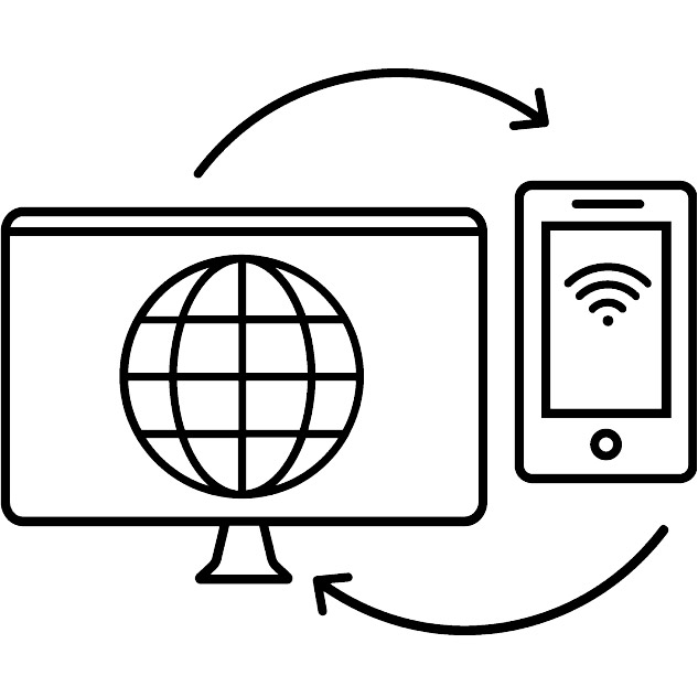 Grafik: Ein Computerbildschirm, der eine Weltkugel zeigt, steht neben einem Smartphone, auf dem ein WLAN-Symbol abgebildet ist. Über und unter den Geräten befinden sich wechselseitige Pfeile.