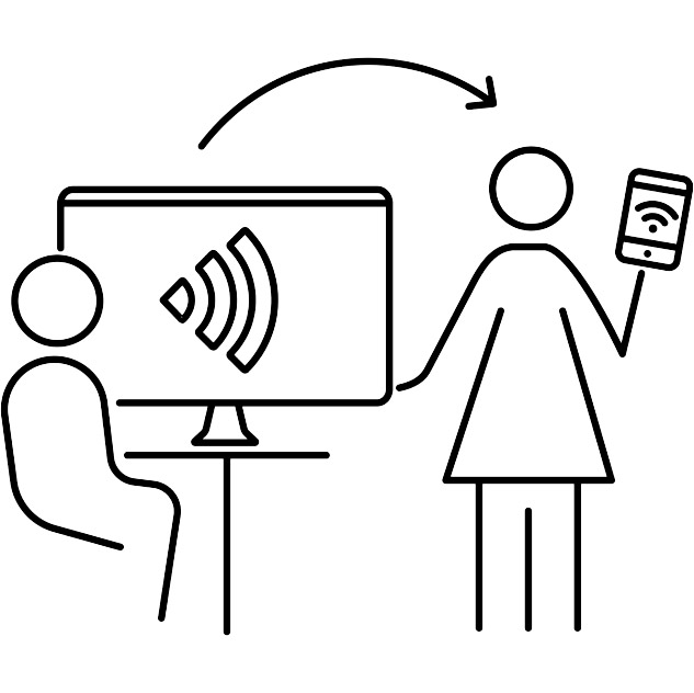 Grafik: Eine Person sitzt vor einem Computerbildschirm, auf dem ein skizziertes Signal zu sehen ist. Eine weitere Person steht daneben, sie hält ein Smartphone in der Hand. Ein Pfeil weist von dem Computerbildschirm zu der Person mit dem Smartphone.