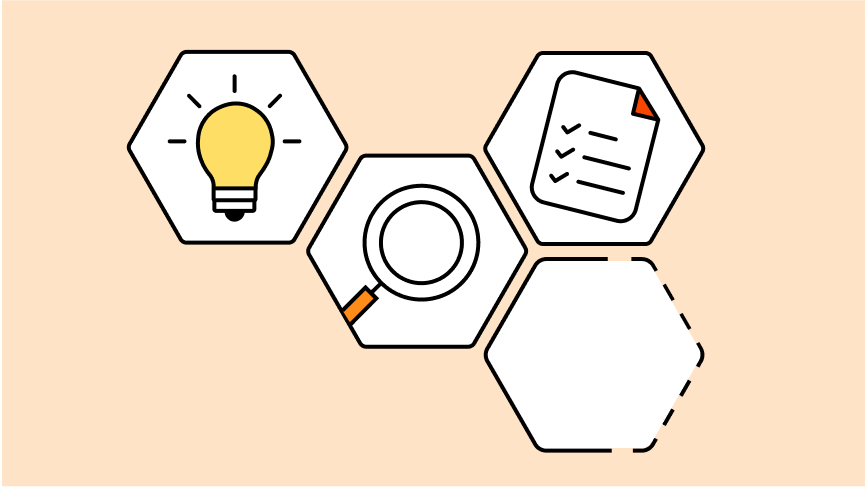 Grafik: Mehrere Waben zeigen eine Lampe, eine Lupe und ein Blatt Papier.