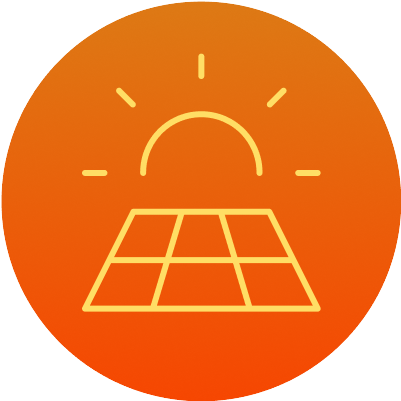 Grafik: Eine Sonne über stilisierten Sonnenpanelen.