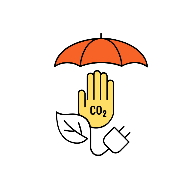 Grafik: Eine Hand, auf der CO2 steht, mit Ökostrom-Stecker unter einem Regenschirm.
